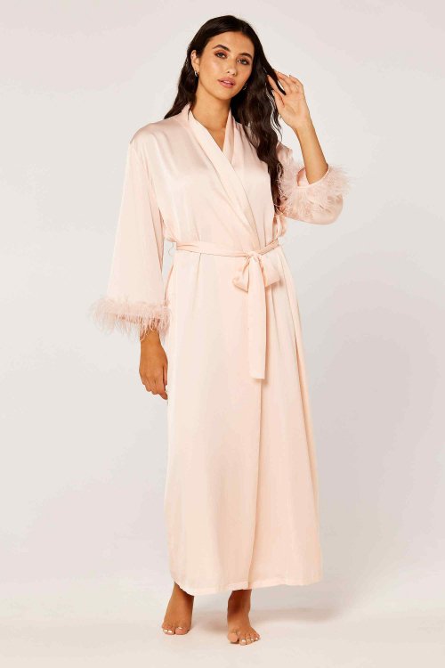 Maxi Satin Robe with Feathers 