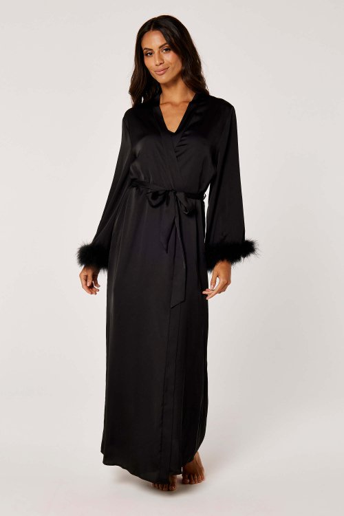 Satin Maxi Robe with Feathers