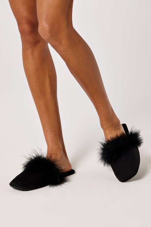 Satin Mules with Feathers